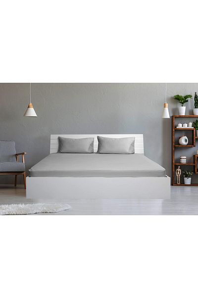 erorex Double Fitted Sheet 1Pc 100 Percent Cotton 250Tc Sateen 1Cm Stripe Size: 150X200+30Cm Silver
