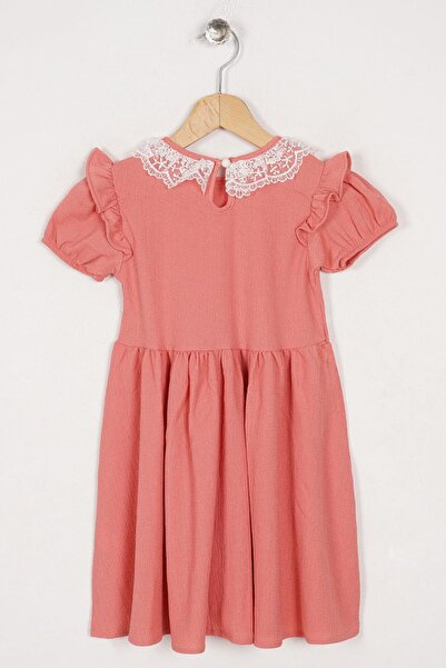 zepkids Τετράγωνο γιακά με βολάν μανίκι με κορδέλα με λαιμόκοψη Λεπτομερές γιακά με δαντέλα Κοριτσίστικο φόρεμα σε χρώμα αποξηραμένο ροζ