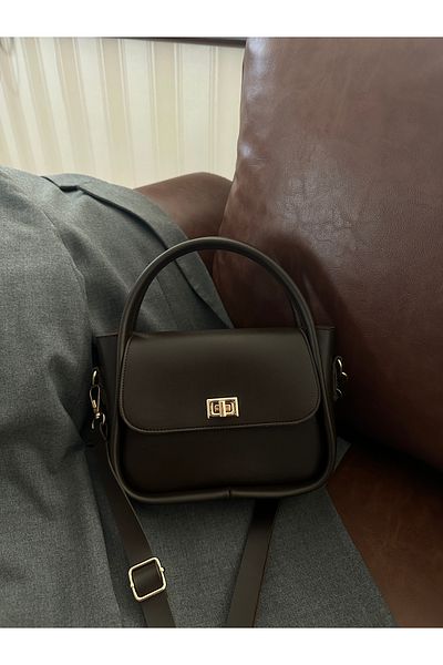 NOTHING Women's Gold Lock Detailed Adjustable Strap Brown Hand Shoulder and Crossbody Bag Mona