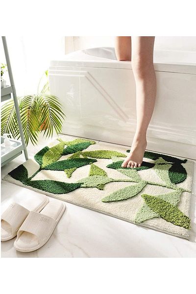 erorex Green Leaves Bath Mats Bathroom Rugs Soft Microfiber Absorbent Entrance Doormat Machine Washable