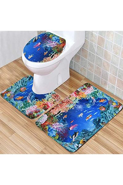 erorex 3 Set Bathroom Anti Slip Pedestal Rug + Lid Toilet Cover + Bath Mat Multi Multicolor