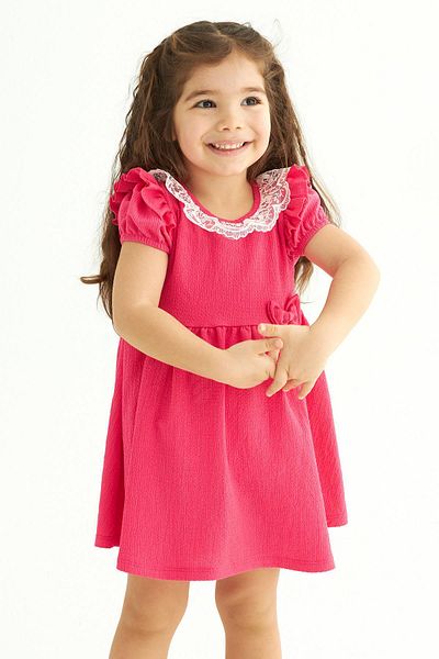 zepkids Square Collar Ruffle Sleeve Crew Neck Ribbon Detailed Lace Collar Fuchsia Color Girl's Dress