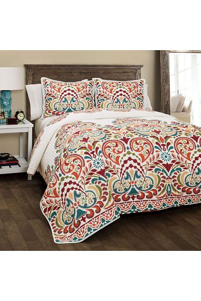 erorex Clara Quilt 3 Piece Reversible Bedding Set Full Queen Turquiose And Tangerine