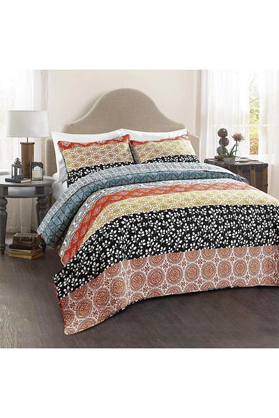 erorex Bohemian Stripe Reversible Cotton Quilt Set 3 Piece Set King Turquoise And Orange Boho Bedding Set