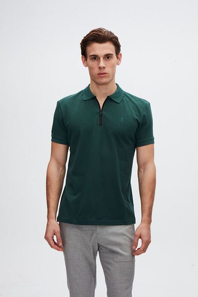 Twn Slim Fit Khaki Pique Textured Half Zip Polo Neck T-Shirt