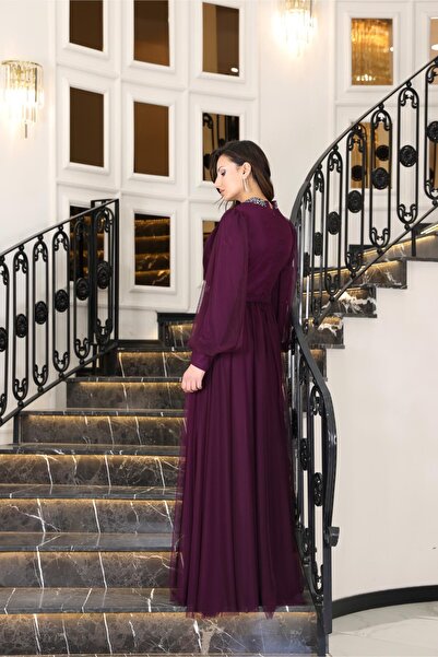 DENİMİNİ Tül Tesettür Abiye Elbise Mürdüm Dnmfvm210