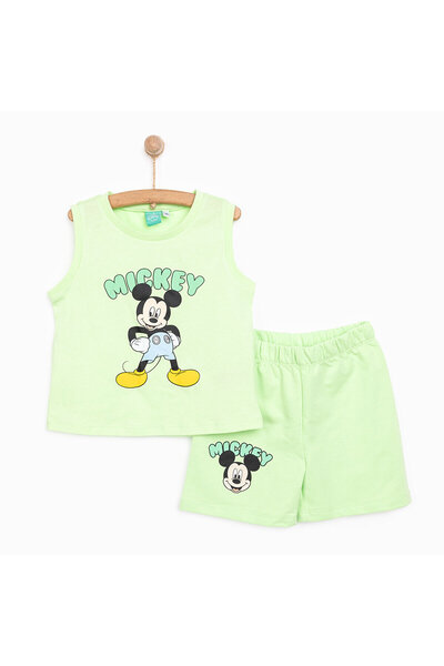 Disney Erkek Bebek Tişört-Şort 2li Takım Mickey Mouse Bisiklet Yaka Reçme Paça Atlet Kol Açık Yeşil