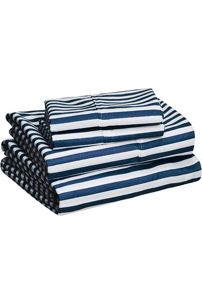 erorex Lightweight Super Soft Easy Care Microfiber Bed Sheet Set With 14” Deep Pockets Queen Navy Pinstripe