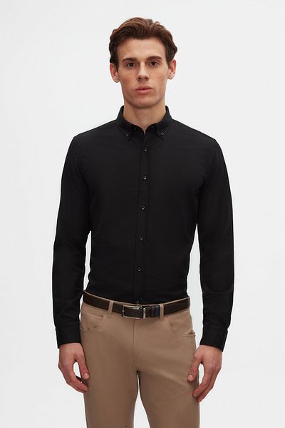 D'S Damat Slim Fit černý Oxford límec s knoflíky Bavlněná košile se snadno žehlícími detaily výšivky