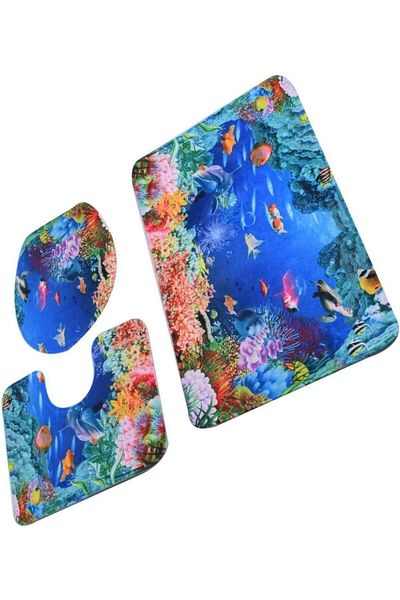 erorex 3 Set Bathroom Anti Slip Pedestal Rug + Lid Toilet Cover + Bath Mat Multi Multicolor