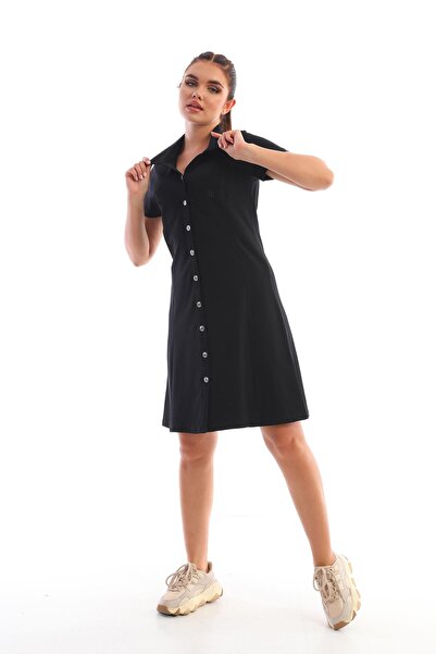 Edelle Siyah Kadın Günlük Elbise Polo Yaka Slim Fit Pamuklu Kısa Kollu Pike