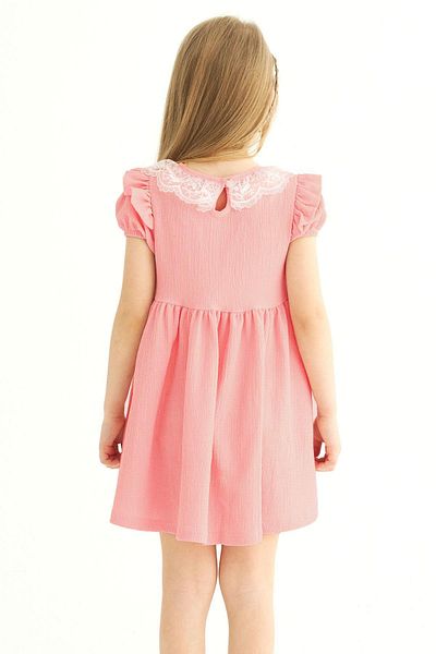 zepkids Square Collar Ruffle Sleeve Crew Neck Ribbon Detailed Lace Collar Salmon Color Girl's Dress
