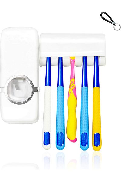 erorex White Automatic Toothpaste Dispenser + 5 Toothbrush Holder Set Wall Mount Stand