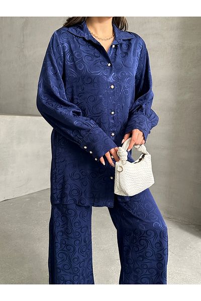 MD trend Women's Patterned Oversize Balloon Sleeve Satin Shirt and Palazzo Pants Double Set