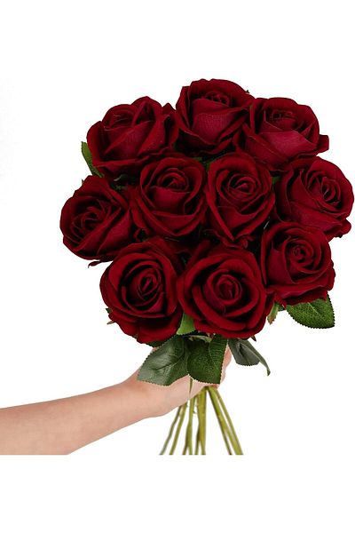 erorex 10 Pack Artificial Velvet Roses Fake Red Rose Silk Flowers With Stem Floral Gift For Wedding