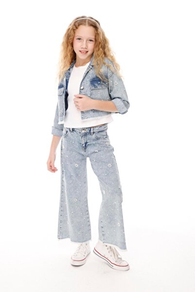 JENA İncili Papatya Çiçekli Kız Kot Ceket - Mavi