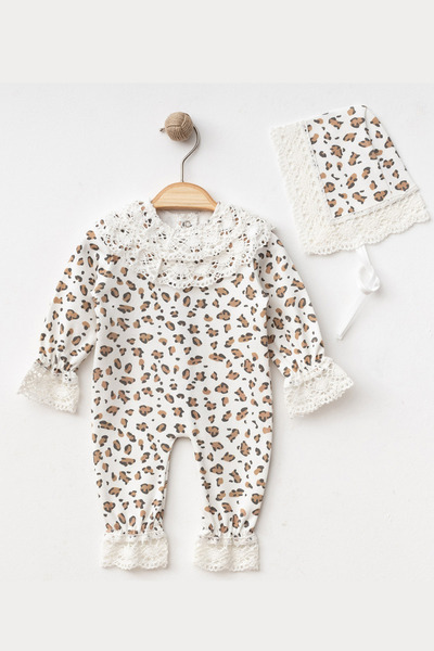MAX BABY Dantelli Leoparlı Bebe Tulum - Ekru