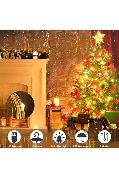 erorex 100Led Fairy Curtain Lights 3X1M Warm White Usb Plug In 8 Modes String Hanging Lights With Remote