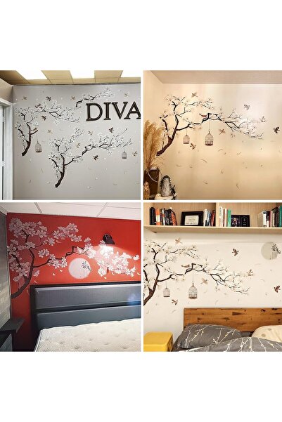 erorex Chinese Style White Flowers Black Tree And Flying Birds For Offices Home Walls Bedroom Study Room