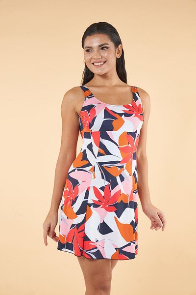 Estiva Orange Leaf Patterned Dress Swimsuit