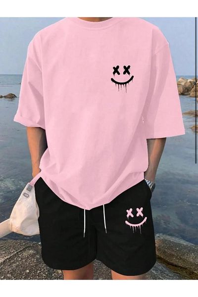NO 601 Men's Pink Oversize Tshirt X Smiley Printed Black Combed Cotton Shorts Set