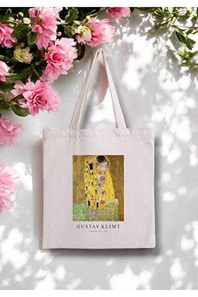 Gustav Klimt - The Kiss - Raw Cloth Canvas Bag with Kiss Print - 280g