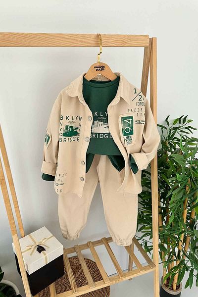 Minigimin Cicileri My Little One's Cicics Brklyn Printed Gabardine 3-Piece Boy's Suit - Green