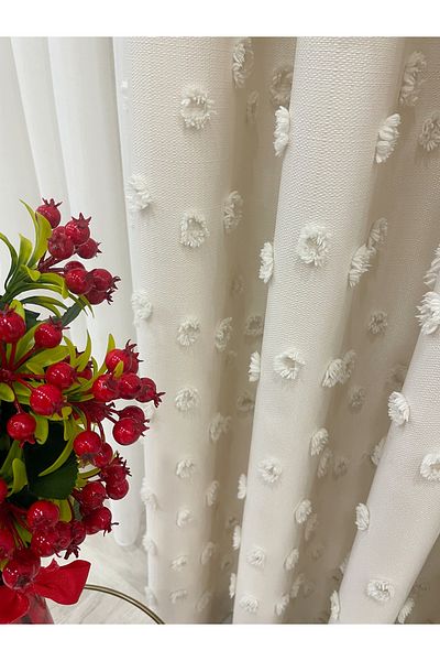 Brillant Ecru Color Pompom Pufy Background Curtain 1/3 Sik Pleat