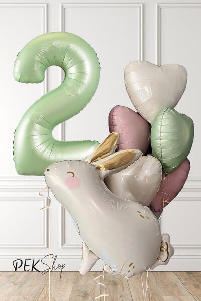 PEKSHOP Tavşan Tema Retro Yeşil Rakamlı Kalp Balonlu Doğum Günü Balon Seti