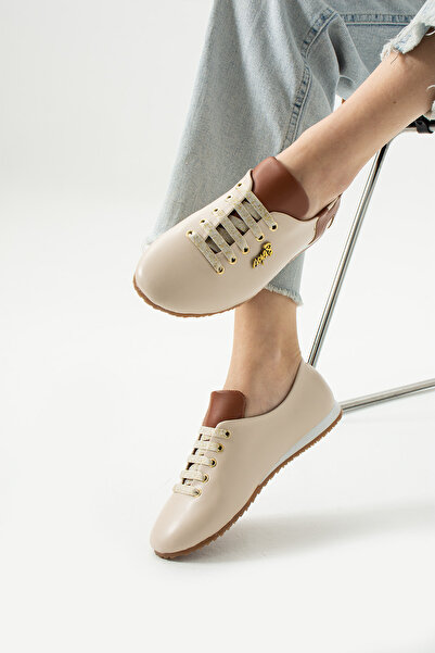 Ayax Pantofort de damă cu branț ortopedic de zi cu zi cu șireturi bej cu scli...