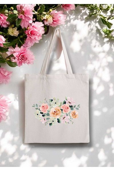 fırsatlar diyarı Geantă din pânză din pânză brută cu imprimeu floral moale - 280 gr
