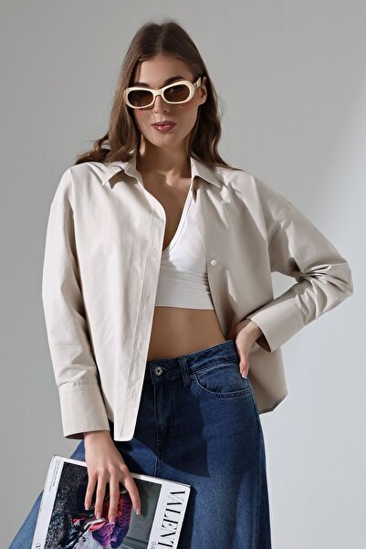 Lingeretta Kadın Gömlek Bej Taş Rengi Oversize Rahat Kesim Poplin Kumaş Gömle...