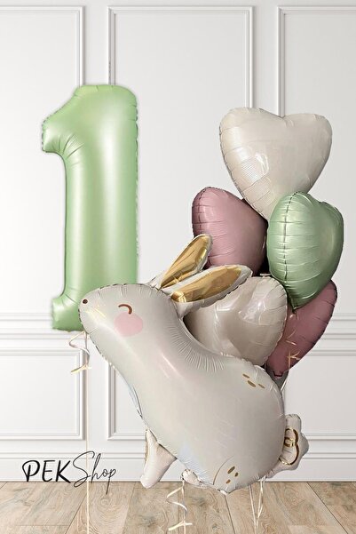 PEKSHOP Tavşan Tema Retro Yeşil Rakamlı Kalp Balonlu Doğum Günü Balon Seti