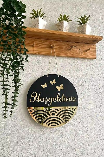Kuzeylina Ornament pentru ușă scris bun venit - Ornament pentru ușă din lemn de plexiglas cu oglindă cu design special cu detaliu de fluture 25 cm
