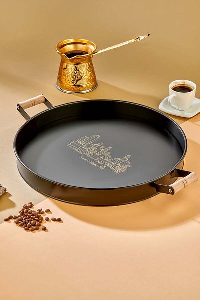 Milenay Decorative Metal Tray, Wooden Handle, Special Pattern and Matte Paint, 37cm