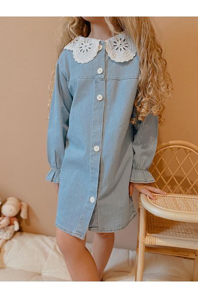 YİGİT BUTİK Rochie din denim pentru fete cu guler din dantela Yigit Boutique