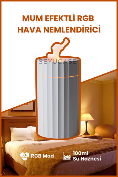 SEYUCASE Mum Efektli Hava Nemlendirici Ortam ve Oda Nemlendirici Işıklı Aroma...