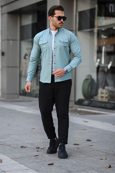 EYFA Slim Fit - قصة ضيقة - دينم - جبردين - قميص رجالي كاجوال