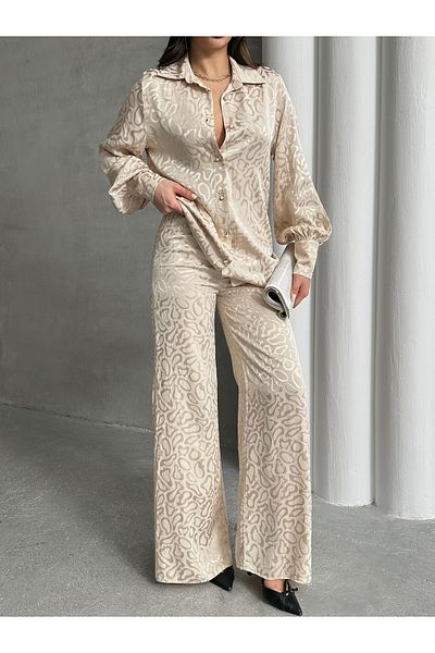 MD trend Women's Patterned Oversize Balloon Sleeve Satin Shirt and Palazzo Pants Double Set