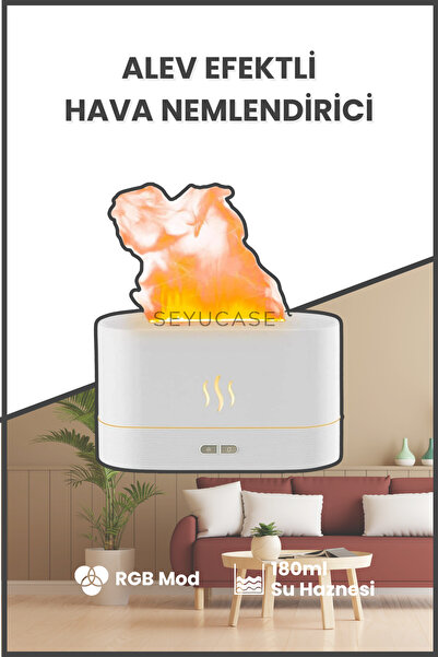 SEYUCASE Alev Efektli Hava Nemlendirici Ortam ve Oda Nemlendirici Işıklı Arom...