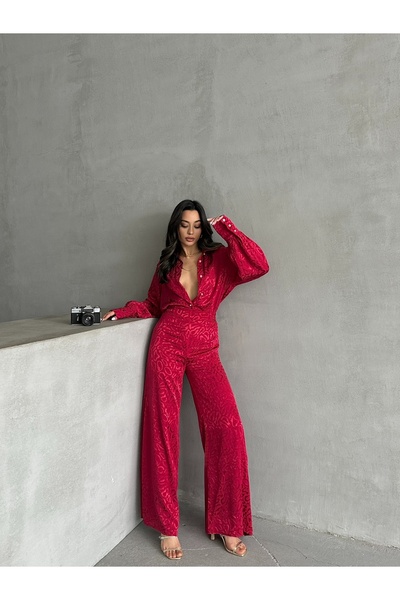 MD trend Women's Patterned Oversize Balloon Sleeve Satin Shirt and Palazzo Pants Double Set