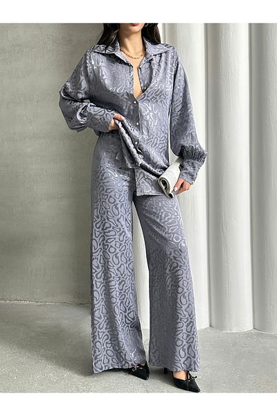 MD trend Women's Patterned Oversize Balloon Sleeve Satin Shirt and Palazzo Pants Double Set