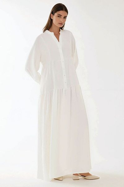 Hiccup Button Detailed Textured Long Sleeve V-Neck Maxi Dress