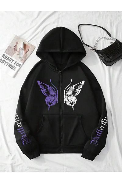 WNWGKN - Butterfly Printed Zippered Cardigan - Black Gray Oversize Pocket Hoodie