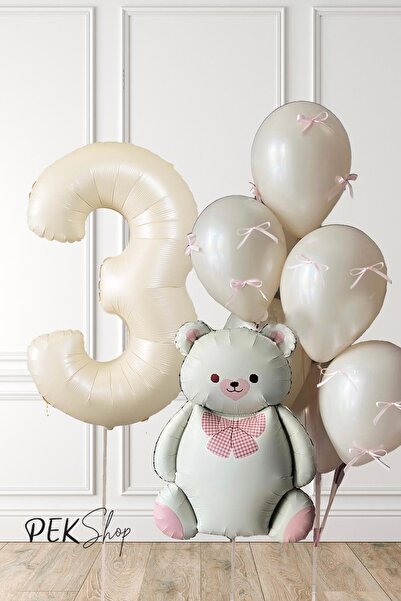 PEKSHOP Retro Krem Ayılı Fiyonk Kurdeleli Deniz Kumu Balonlu Doğum Günü Balon...
