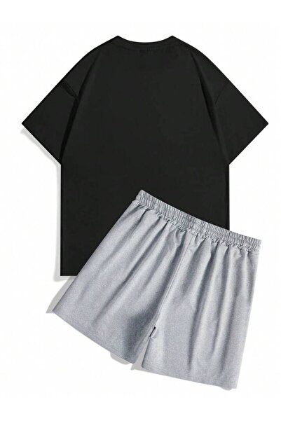 WNWGKN Trendpunky Unisex Black Printed Bottom Top Shorts T-Shirt Set