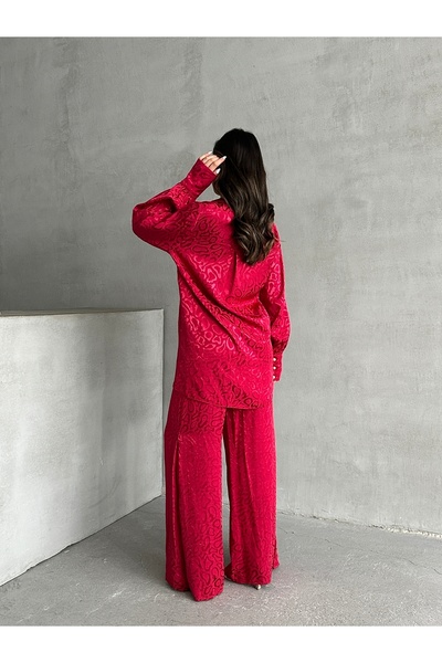 MD trend Women's Patterned Oversize Balloon Sleeve Satin Shirt and Palazzo Pants Double Set