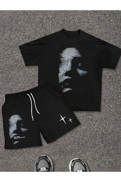 WNWGKN Trendpunky Unisex Black Printed Bottom Top Shorts T-Shirt Set