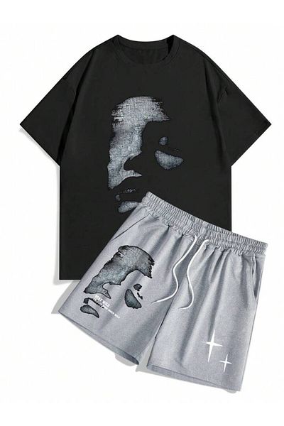 WNWGKN Trendpunky Unisex Black Printed Bottom Top Shorts T-Shirt Set