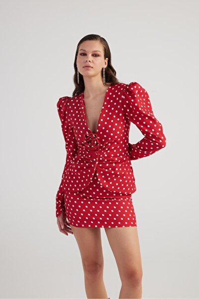 HOLLY LOLLY Red Wilma Blazer - Watermelon Sleeve Jacket with Polka Dots and Rose Accessories